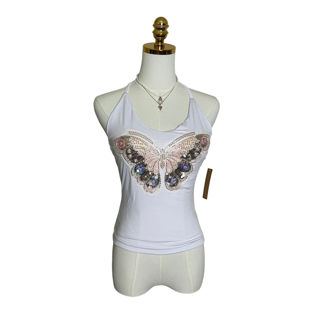 Riley & James White Halter Top Sequin‎ Pearl Butterfly Y2K Festival Small NWT